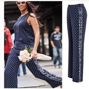 Cabi Navy Blue Paisley Trackstar Trouser Wide Leg Pants Size 8 NEW